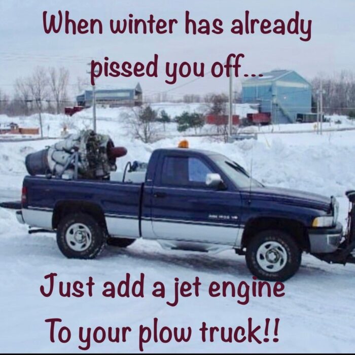 Pickup truck with a jet engine on snowy road, ready for winter challenges.