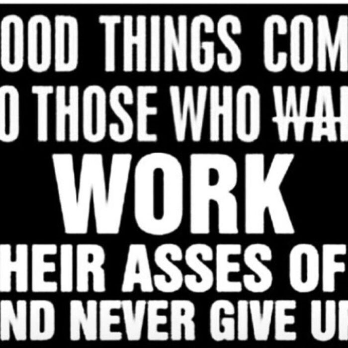 Motivational quote on perseverance and hard work in bold white text on black background.