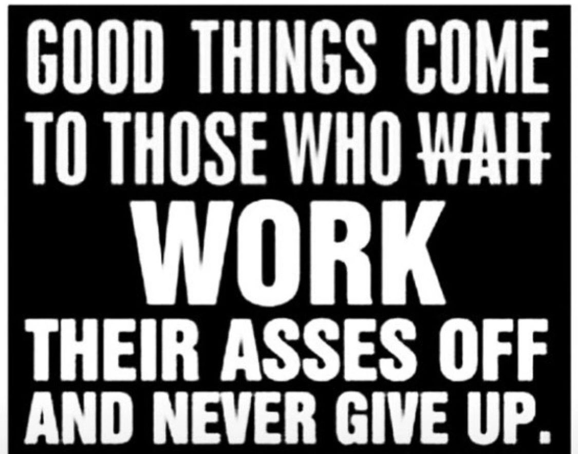 Motivational quote on perseverance and hard work in bold white text on black background.