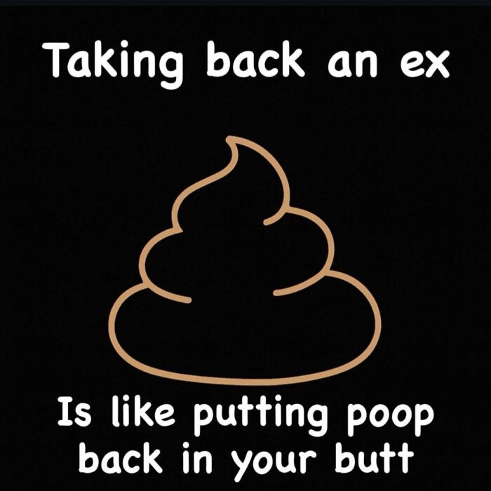 Humorous quote about taking back an ex with poop illustration.