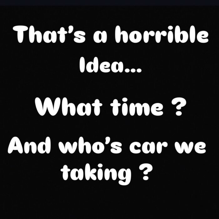 Text humor about a bad idea and car plans.