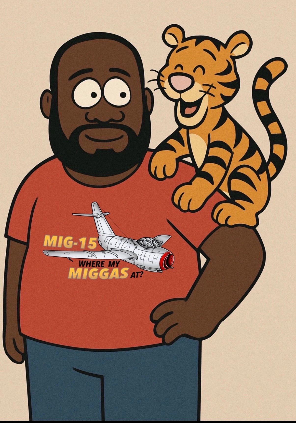A cartoon man with a tiger cub on his shoulder, smiling.