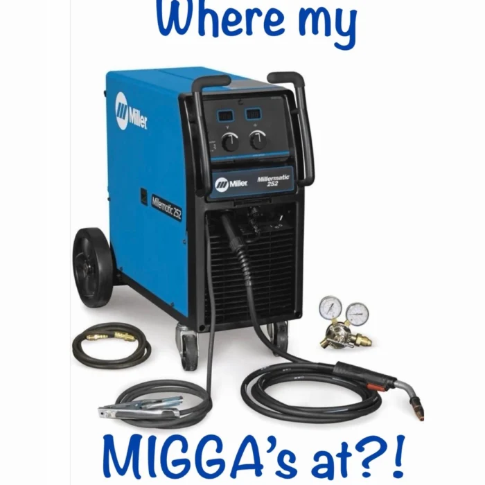 Blue welding machine with tools and gauges on wheels.