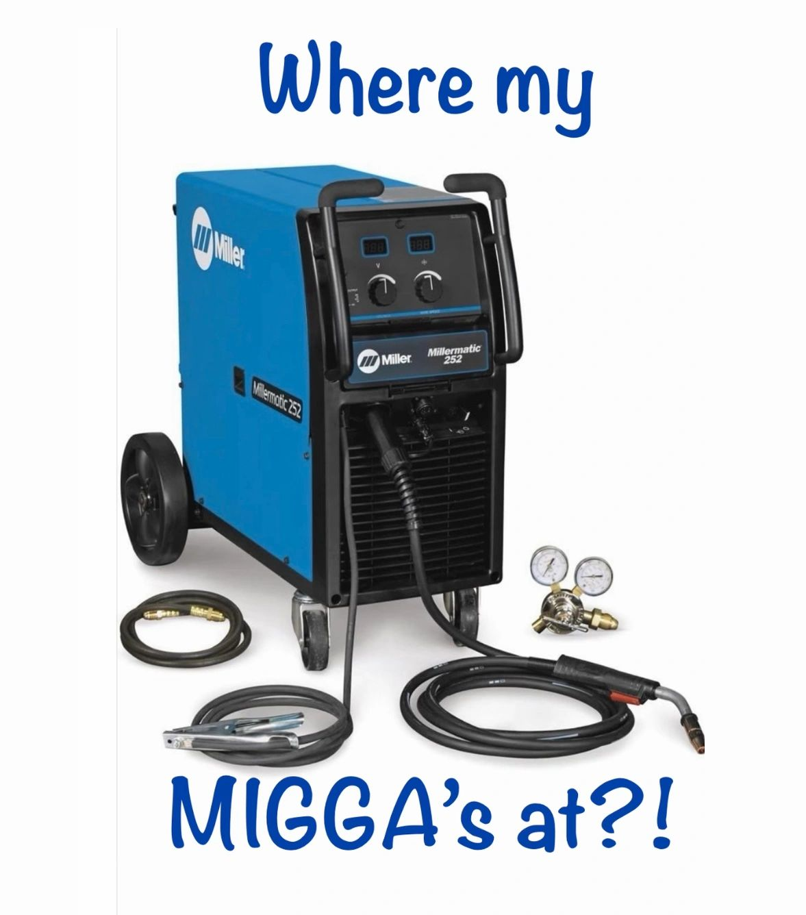 Blue welding machine with tools and gauges on wheels.